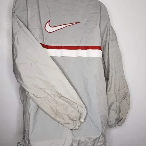 Nike Men's Windbreaker Jacket XL Gray Red Swoosh Nylon Half Zip White Label - Picture 7 of 11